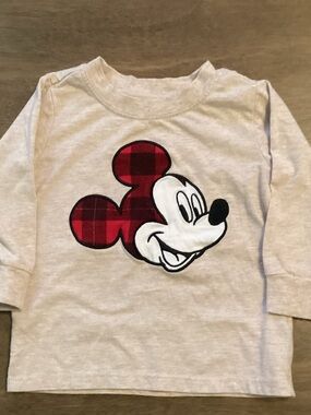 Disney Mickey Cream Long Sleeve Tee with Red Plaid Mickey Appliqué Size 18 M EUC